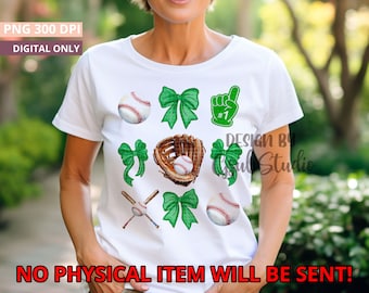 Green Coquette Bow Baseball PNG Design Sublimation Hand Drawn Digital Download Green Ribbon PNG Soft Girl Preppy Green Girly