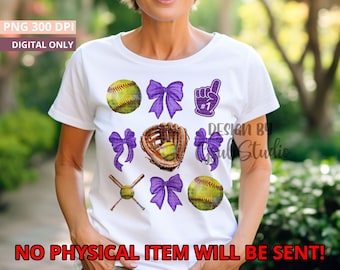 Purple Coquette Bow Softball PNG Design Sublimation Hand Drawn Digital Download Purple Ribbon PNG Soft Girl Preppy Purple Girly