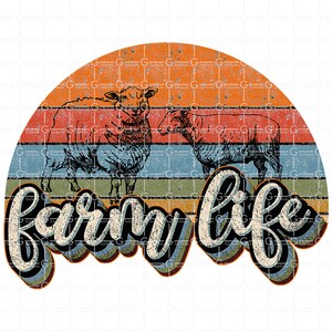 Puede incluir: Un gr&aacute;fico de estilo retro con un fondo de puesta de sol y el texto "farm life" en una fuente estilizada y colorida. Dos ovejas se representan en primer plano, una de pie y otra tumbada.