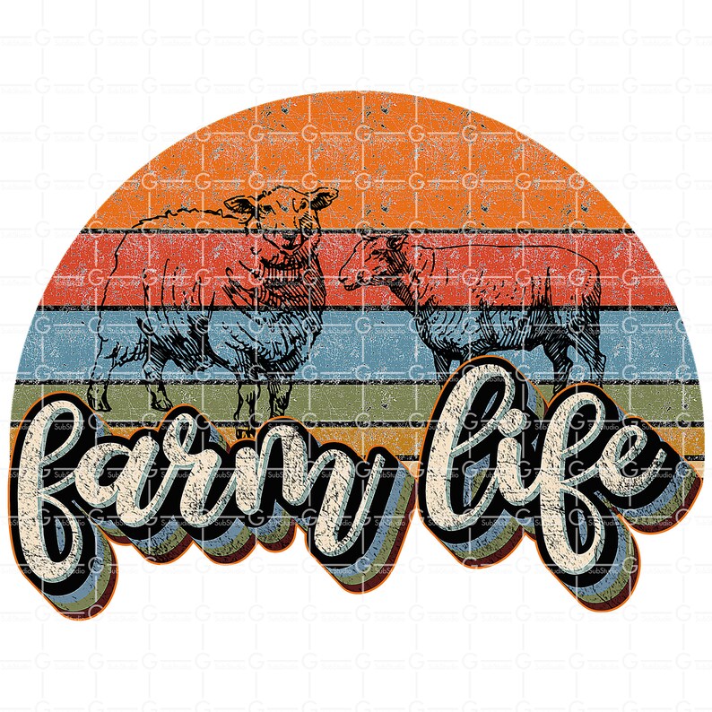 Puede incluir: Un gr&aacute;fico de estilo retro con un fondo de puesta de sol y el texto "farm life" en una fuente estilizada y colorida. Dos ovejas se representan en primer plano, una de pie y otra tumbada.
