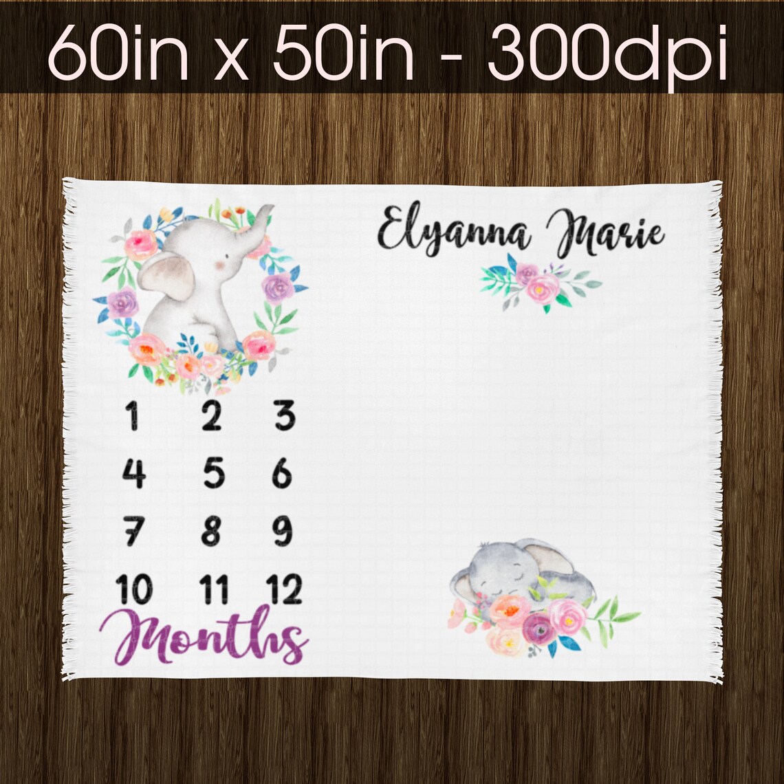 Elephant Baby Milestone Blanket Digital Design for Etsy