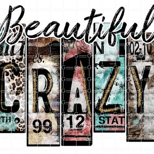 May include: A colorful graphic design with the words "Beautiful Crazy" in a white background. The words are made up of different vintage license plates with a distressed look.