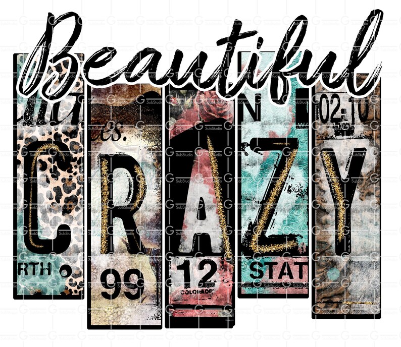 May include: A colorful graphic design with the words "Beautiful Crazy" in a white background. The words are made up of different vintage license plates with a distressed look.