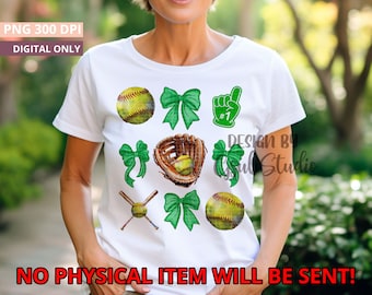 Green Coquette Bow Softball PNG Design Sublimation Hand Drawn Digital Download Green Ribbon PNG Soft Girl Preppy Green Girly