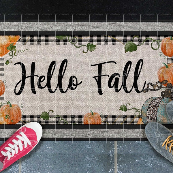 Hello fall Doormat sublimation design PNG welcome pumpkin sublimation graphics digital download sublimate designs DTG print