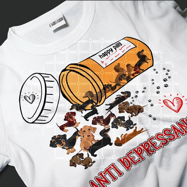 Dachshunds PNG sublimation designs download, Happy Pills, Antidepressants, Dachshunds Dog Sublimation Design, Sausage Dog Digital