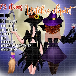 Halloween Witches Friends Clipart - PNG files - Halloween Witch Friends - Fall Clipart - Witch hat and broom - Fashion Illustration