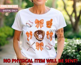 Orange Coquette Bow Baseball PNG Design Sublimation Hand Drawn Digital Download Orange Ribbon PNG Soft Girl Preppy Orange Girly