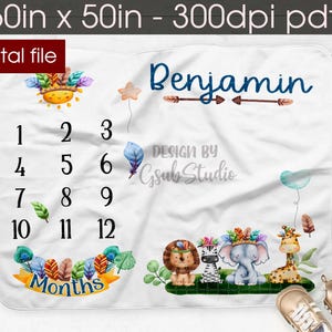 Diseño digital de manta de hitos para bebés con animales de safari para sublimación Impresión DTG de animales de safari tribales Descarga de diseños de sublimación