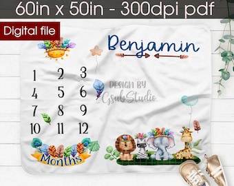 Safari animals Baby Milestone Blanket Digital Design for Sublimation Tribal safari animals DTG print Sublimation designs download