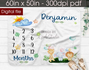 Safari animals Baby Milestone Blanket Digital Design for Sublimation DTG print Sublimation designs download