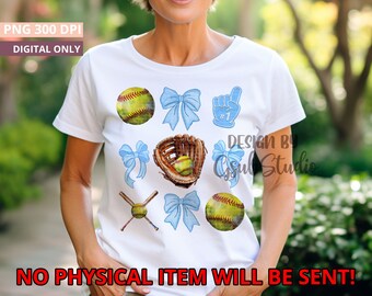 Baby Blue Coquette Bow Softball PNG Design Sublimation Hand Drawn Digital Download Baby Blue Ribbon PNG Soft Girl Preppy Blue Girly