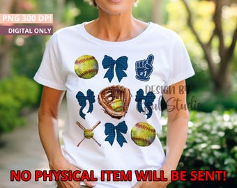 Navy Blue Coquette Bow Softball PNG Design Sublimation Hand Drawn Digital Download Navy Blue Ribbon PNG Soft Girl Preppy Blue Girly