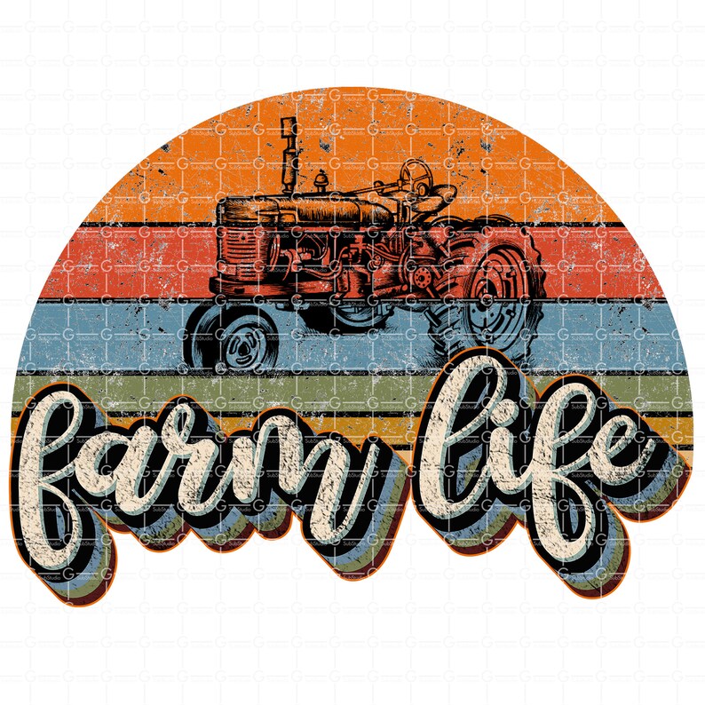 May include: A vintage-style illustration of a red tractor with the words "farm life" in a retro font. The image is set against a colorful sunset background.