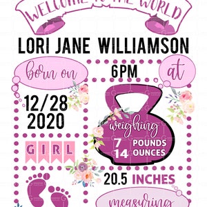 Girl Birth stat template, birth Announcement Stats PNG, sublimation Digital Download, Sublimation Design Download,