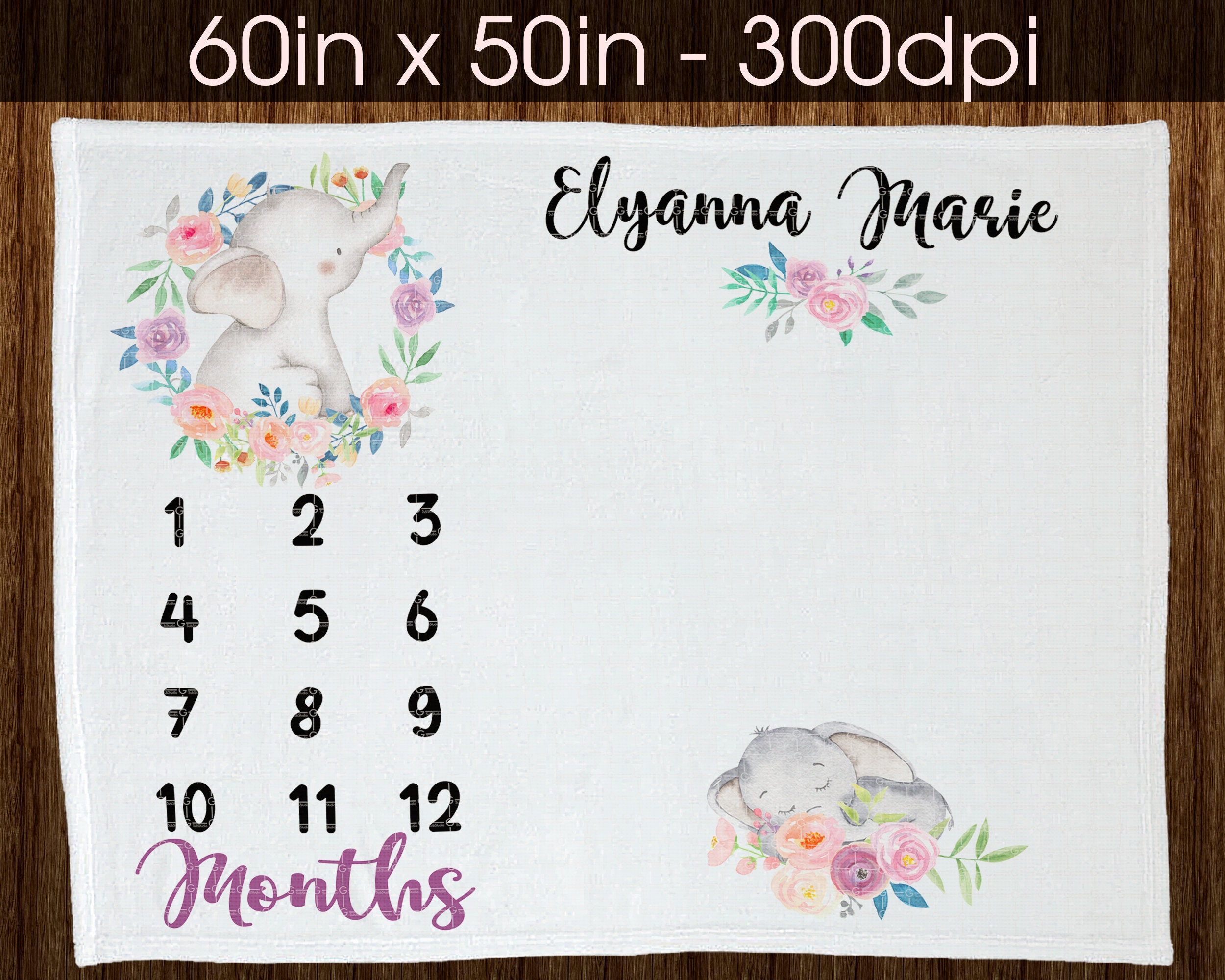 Elephant Baby Milestone Blanket Digital Design for Sublimation, DTG print, Blanket design,
