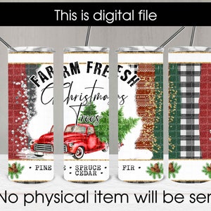 20oz Skinny Tumbler wrap, Red Truck, Farm Fresh Christmas Trees PNG Sublimation Designs Wrap, Christmas Trees Tumbler Png Download Straight