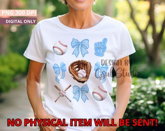 Baby Blue Coquette Bow Baseball PNG Design Sublimation Hand Drawn Digital Download Baby Blue Ribbon PNG Soft Girl Preppy Blue Girly