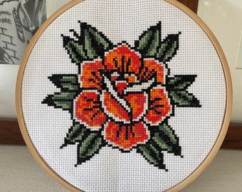 American Traditional Rose Tattoo Cross Stitch - PATTERN