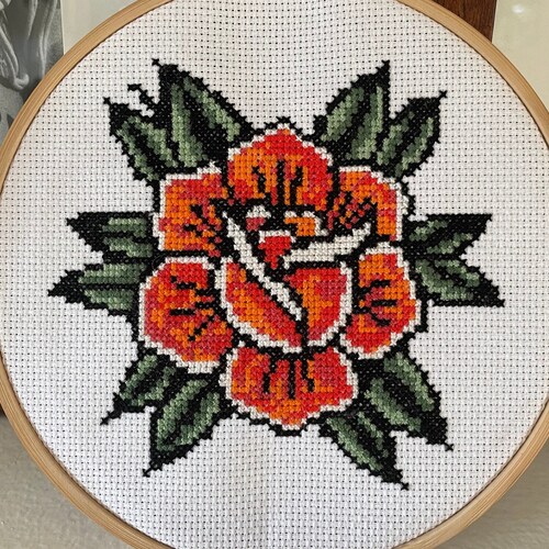 American Traditional Rose Tattoo Cross Stitch PATTERN Etsy
