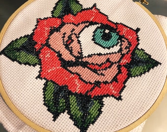 American Traditional Rose & Eyeball Cross Stitch Pattern - Digital PDF Download