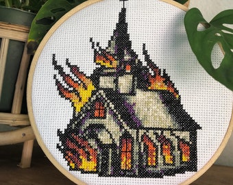 IT'S LIT Burning Church - American Traditional Cross Stitch Pattern