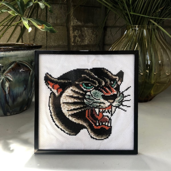 American Traditional Panther Cross Stitch - Tattoo Flash Cross Stitch Pattern - Téléchargement numérique