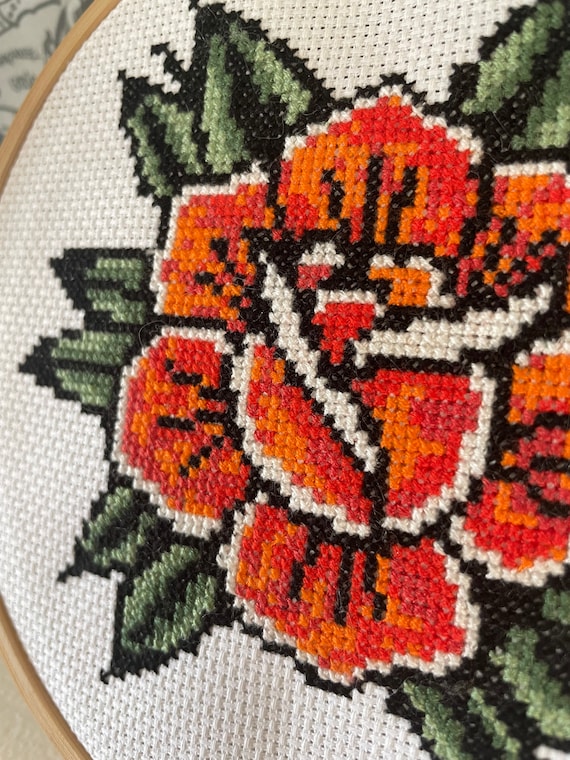 American Traditional Rose Tattoo Cross Stitch - PATTERN - Etsy