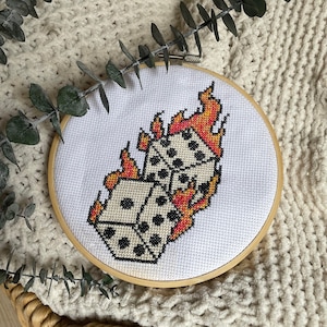 HOT DICE - Flaming Dice - Traditional Tattoo Cross Stitch