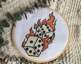 HOT DICE - Flaming Dice - Traditional Tattoo Cross Stitch