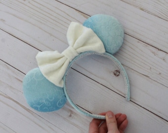 Cinderella Minnie Ears Disney Park Ears Inspired Disney Princess Mickey Ears Headband Prince Charming Blue Floral Embossed Velvet