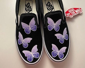 Custom Hand-Painted Butterfly Slip-on Vans | Black | White Vein Detailed | Purple Butterflies | Sneakers | Trendy | Patterned | Girls Shoes