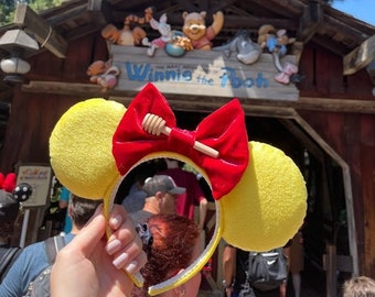 Winnie the Pooh Inspired Minnie Mouse Ears Honey Dipper & Velvet Bow Mickey Headband Disney Ears Pooh Bear Disney Bounding Outfit