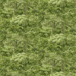 May include: A seamless pattern of lush green foliage, creating a dense and vibrant forest scene.