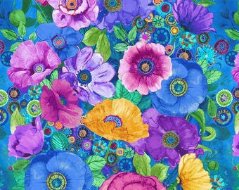 Bloemenpaneel met klaprozen in helderblauw/paars/roze/geel/groen, formaat 23"B x 43"H. Digitale katoenen stof van On The Bright Side by Timeless Treasures.