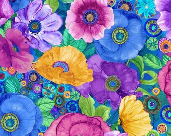 Bloemenprint met klaprozen in roze/blauw/paars/geel, verkrijgbaar in meters, halve meters en fat quarters. Digitale katoenen stof 'On The Bright Side' van Timeless Treasures.