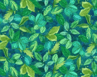 Digitaal katoenen stof met groen bladmotief en meerdere bladeren, verkrijgbaar in meters, halve meters en fat quarters, van het merk On The Bright Side van Timeless Treasures.