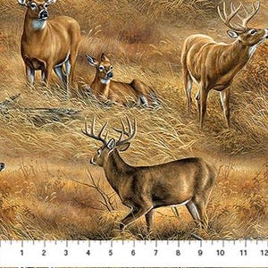 May include: A fabric print featuring four deer in a field of tall golden grass. One deer stands on the left, one lies down in the center, one stands on the right, and one stands in the foreground. A ruler at the bottom shows 12 inches.