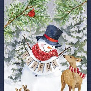 SALE Christmas Snowman Panel 24&quot;Wx43&quot;L with Trees, Cardinal, Deer and Bunnies, Gray, Blue, Red Cotton Fabric Joyful Snowmen by Henry Glass
