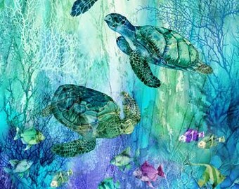 Turtles Fish & Coral in Aqua/Purple/Multi Colors Panel 28"Wx43"H, Digital Cotton Fabric, Coral Reed by Northcott
