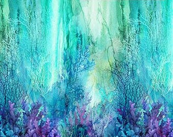 Scenic Coral Reef Ombre Turq/Green/Purple/Blue Colors Digital Cotton Fabric, By the Yard, Half Yard, Coral Reef by Northcott