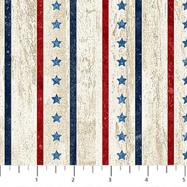 SALE Patriotic Red and Blue Stripe with Blue Stars on Cream Washed Wood Background, Cotton Fabric Stars & Stripes 11 by Northcott