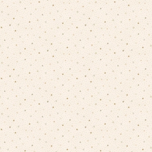Puede incluir: Tela de color crema con un patrón repetido de pequeñas estrellas doradas y diminutos puntos. Las estrellas varían en tamaño y están dispersas por la superficie, creando un diseño caprichoso. Los puntos son de color oro apagado.