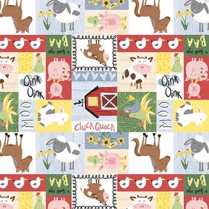 Könnte beinhalten: Ein farbenfrohes Patchwork-Muster mit Farmtieren, darunter Kühe, Schweine, Hühner und Pferde. Das Muster enthält auch Text wie "Oink Oink", "Moo", "Cluck Quack" und "Baa".