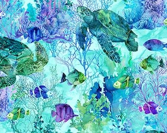 Turtles, Fish & Coral in Blue/Aqua/Purple/Green Colors Digital Cotton Fabric, By the Yard, Half Yard,  Fat Quarters Coral Reef by Northcott