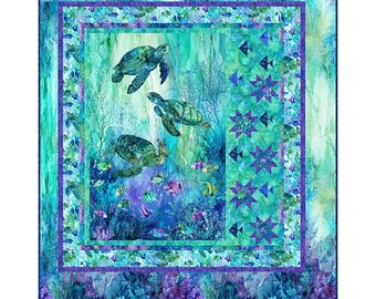 Star Fish, Turtles & Coral Quilt Kit Size 59"Wx66"L Finished, Backing Not Included, Digitally Printed Cotton Fabric Coral Reef by Northcott