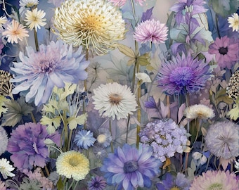 Beautiful Wildflower Floral Panel Blue/Purple/Pink/Cream Colors 24"Wx43"H Digital Cotton Fabric Mystic Meadow by Timeless Treasures