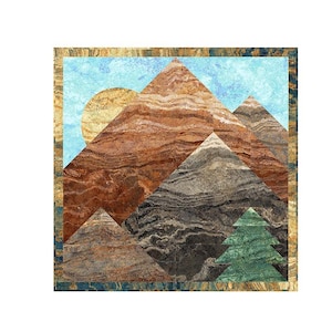 May include: A digital collage of mountains with a blue sky and a sun in the background. The mountains are made of different types of stone, including brown, grey, and green. The sun is a yellow circle with a white outline.