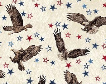 Aquila patriottica e stelle su crema, rosso/blu, tagliato su misura, mezzo metro, quarti di grasso, tessuto di cotone Stonehenge Stars & Stripes 13 di Northcott