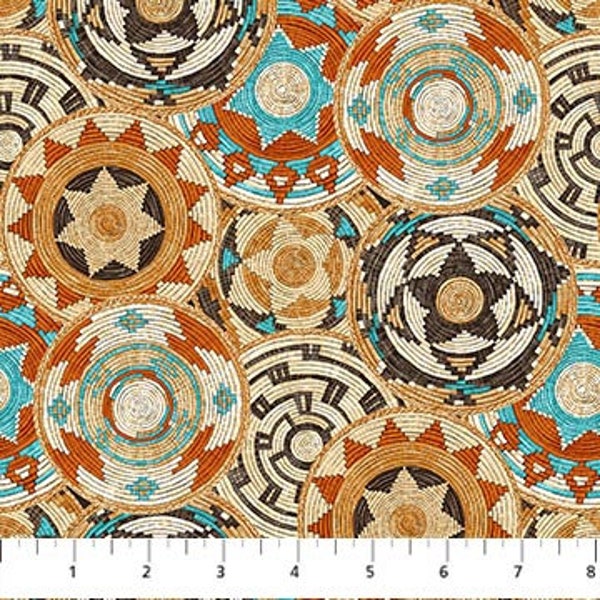 Colorful Packed Southwest Basket Design, Beige, Brown, Aqua, Rust Colors, By the Yard, Half Yard, Cotton Fabric Southwest Vista by Northcott